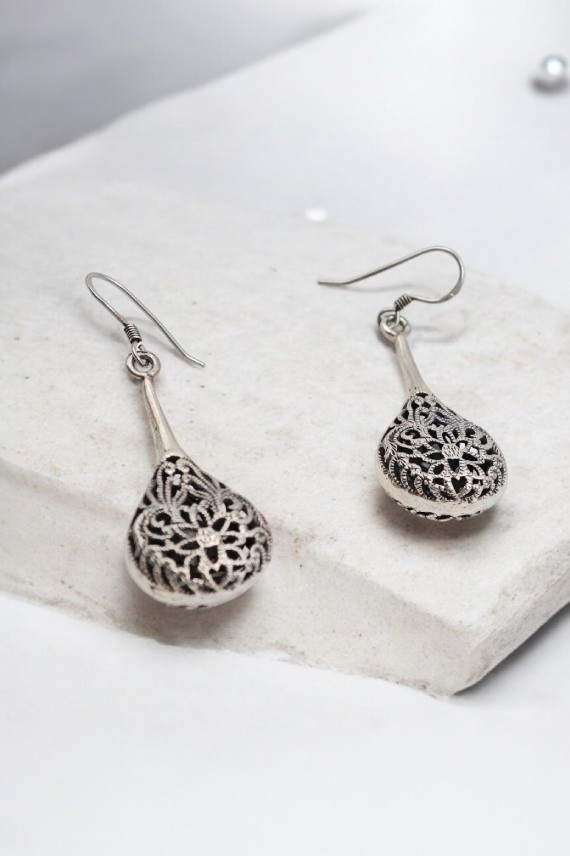 Pendientes de plata de ley 925 en forma de gota calada con motivos florales, joya artesanal Samarkanda.
