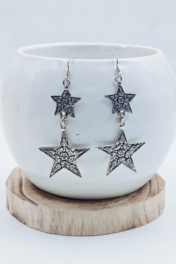 Pendientes de plata de ley 925 con estrellas colgantes talladas con motivos florales, joya artesanal Samarkanda.