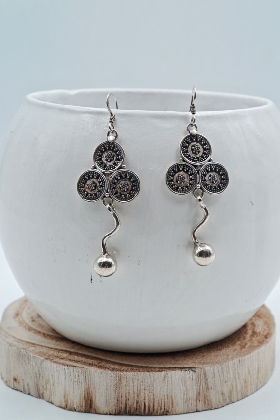 Pendientes de plata de ley 925 con diseño de tres círculos en forma de trébol y bola colgante, joya artesanal Samarkanda.