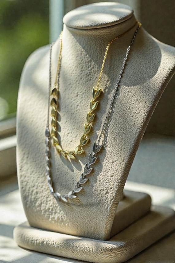 Collar de plata con diseño de hojas enlazadas y detalles brillantes