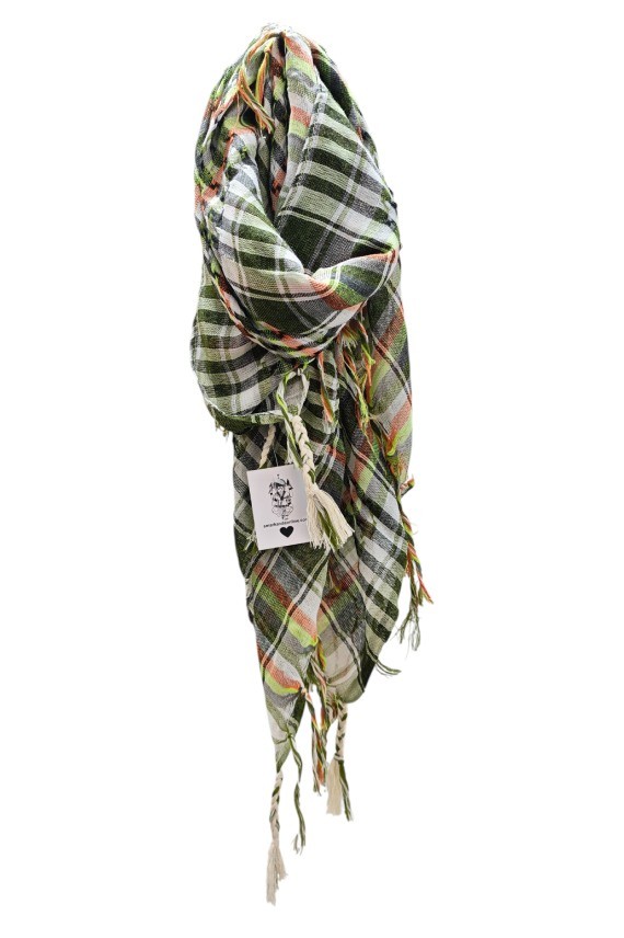 Pañuelo palestina de algodón artesanal multicolor con flecos, tejido en telar manual estilo boho Samarkanda.