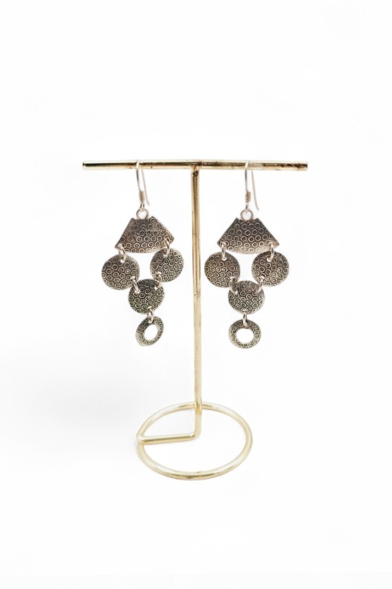 Pendientes geométricos articulados en plata de ley tallados a mano en India, joya artesanal Samarkanda.