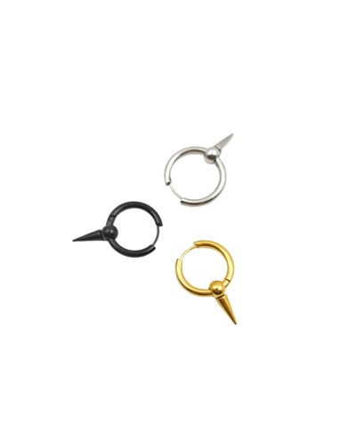 Pendiente de acero inoxidable 316L unisex con aro segmentado y pincho extraíble en color negro, dorado y plateado.