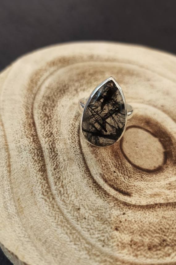 Anillo Plata Gota Grande Cuarzo Negro Rutilado