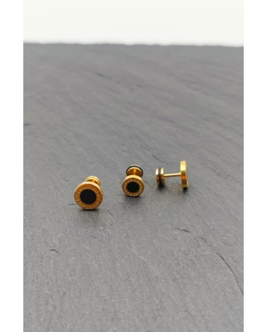 Pendiente de falsa dilatación de acero dorado con diseño tallado geométrico y cierre de tuerca, joya tendencia Samarkanda.