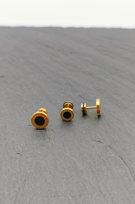 Pendiente de falsa dilatación de acero dorado con diseño tallado geométrico y cierre de tuerca, joya tendencia Samarkanda.