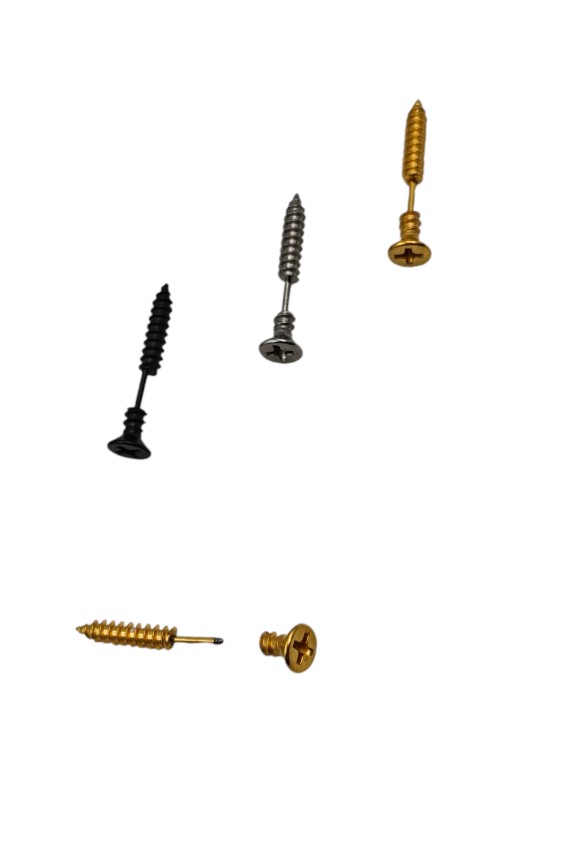 Pendiente de acero inoxidable con forma de tornillo efecto falsa dilatación en colores dorado, plateado y negro.