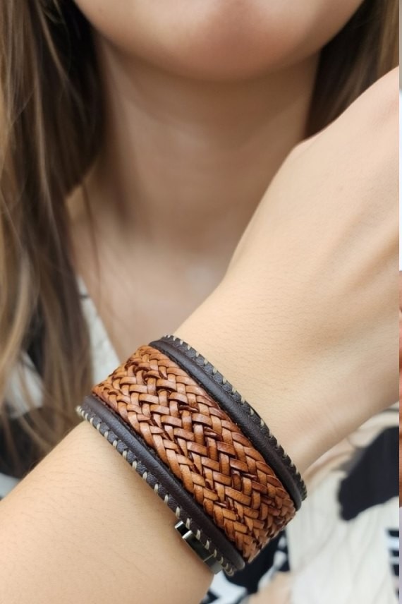 Pulsera Brazalete Chamar Cuero Trenzado