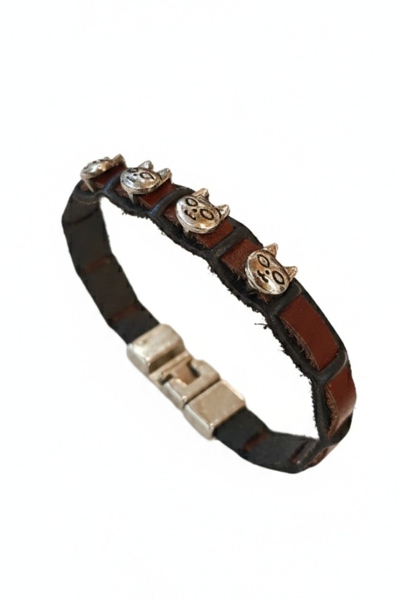 Pulsera Piel Sostenible Gatos Acero