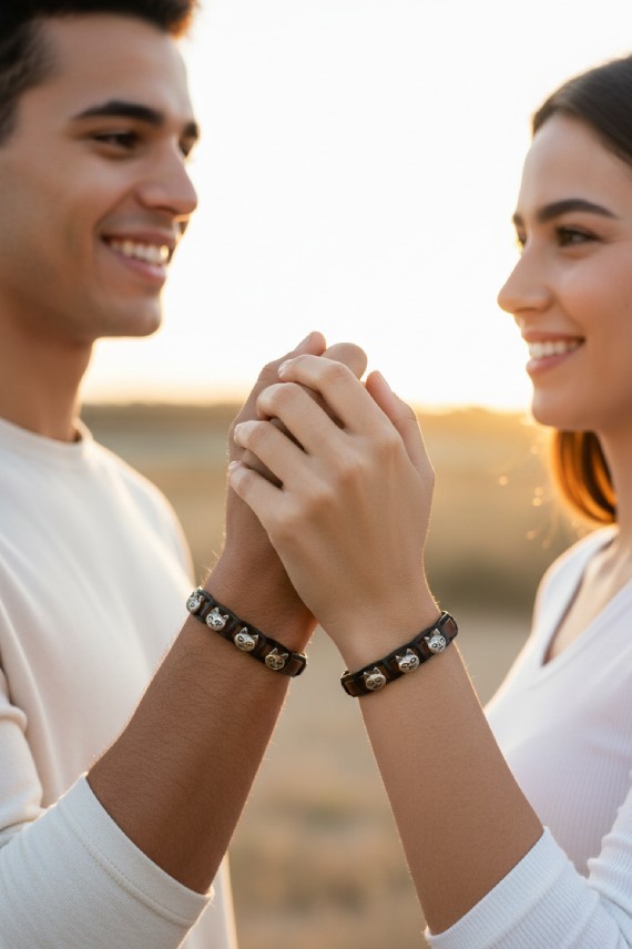 Pulsera Piel Sostenible Gatos Acero