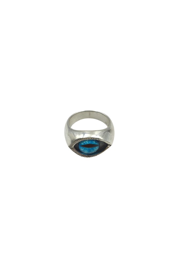 Anillo unisex de plata de ley con ojo decorativo central en color azul.
