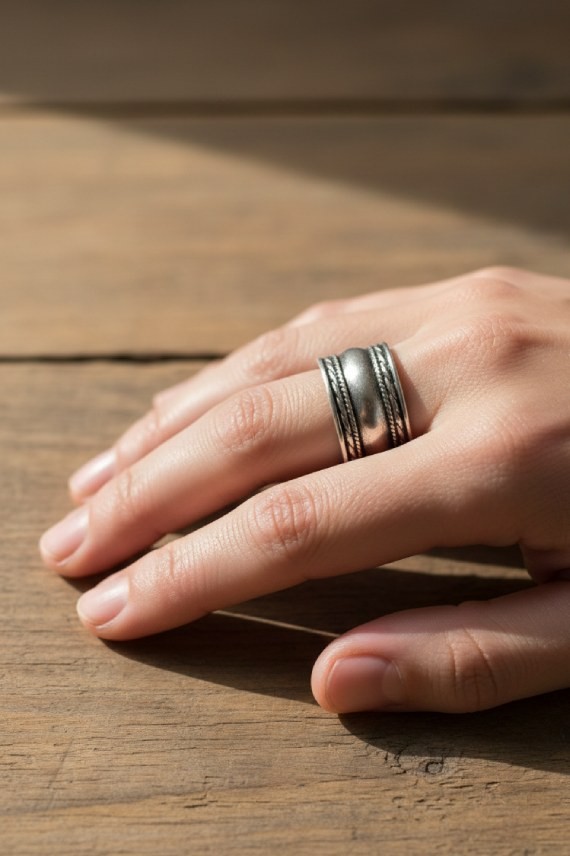 Anillo artesanal de plata de ley 925 con acabado envejecido y grabados decorativos étnicos