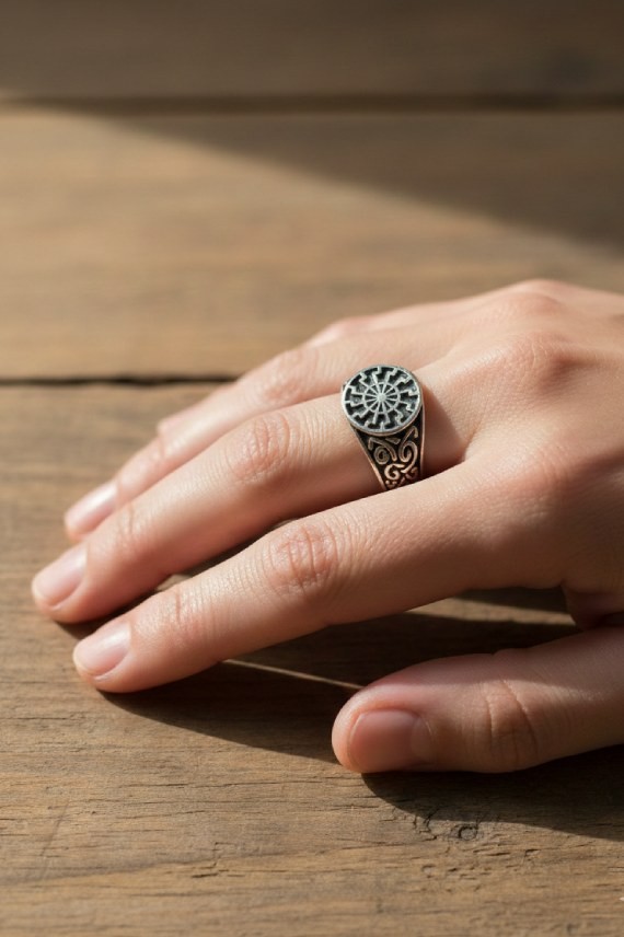 Anillo unisex de plata de Ley con símbolo solar geométrico y grabado artesanal