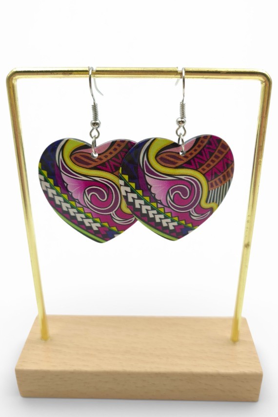 Pendientes Corazón Pequeño Estampado Étnico Multicolor