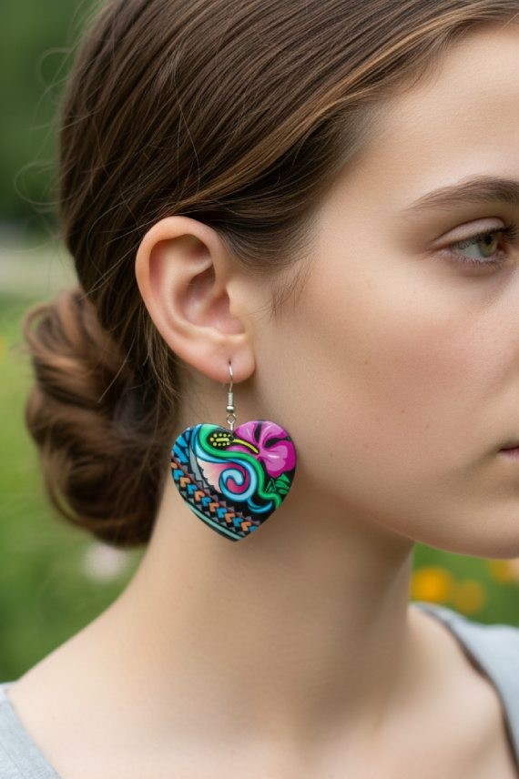 Pendientes Corazón Pequeño Estampado Étnico Multicolor