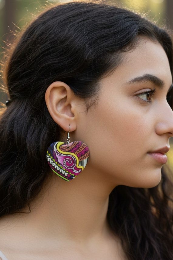 Pendientes Corazón Pequeño Estampado Étnico Multicolor
