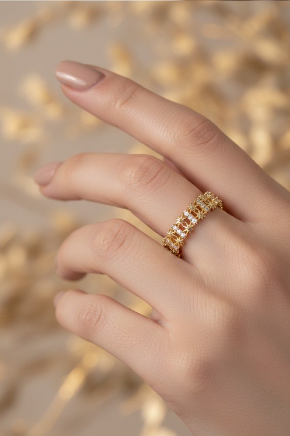 Anillo Plata Baño Dorado y Circonitas Ajustable