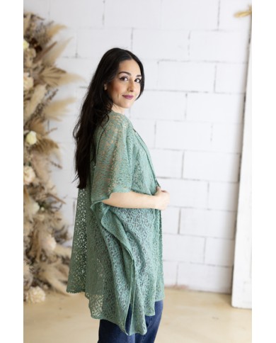 Kimono Boho Verde Algodón Calado Floral