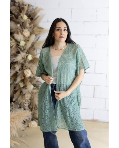 Kimono Boho Verde Algodón Calado Floral