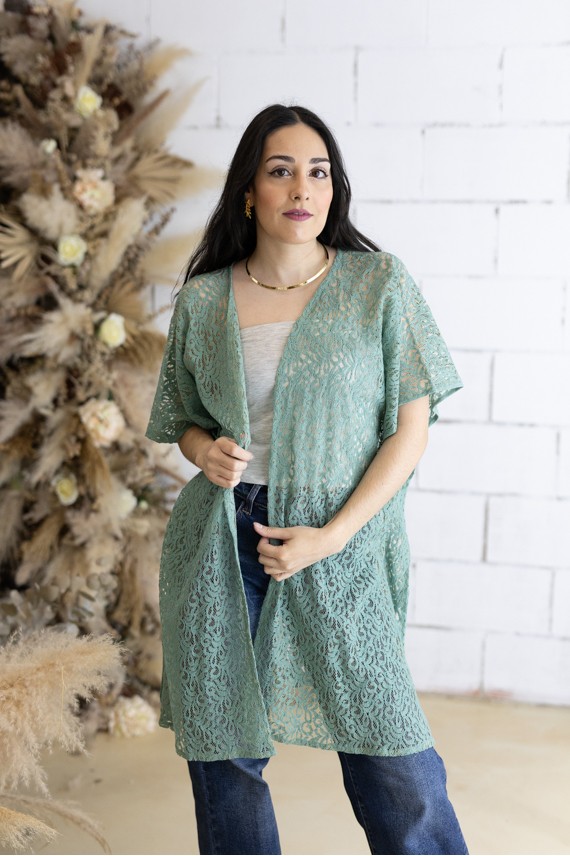 Kimono Boho Verde Algodón Calado Floral