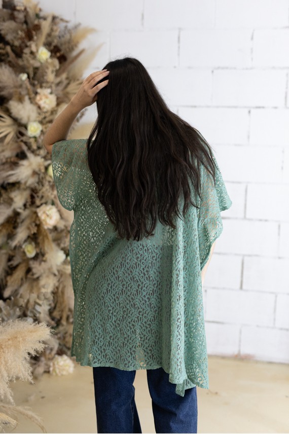 Kimono Boho Verde Algodón Calado Floral