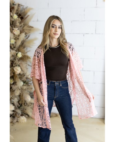 Kimono Boho Rosa Algodón Calado Floral