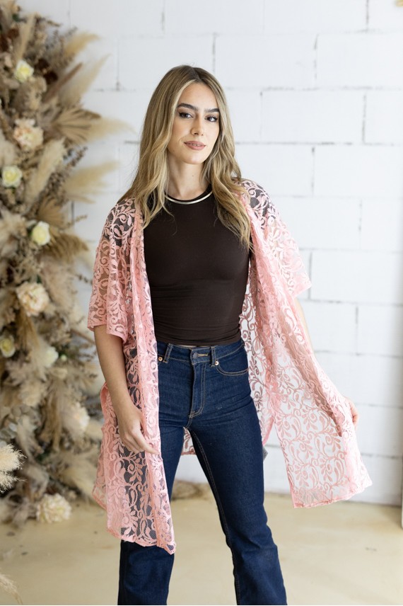 Kimono Boho Rosa Algodón Calado Floral