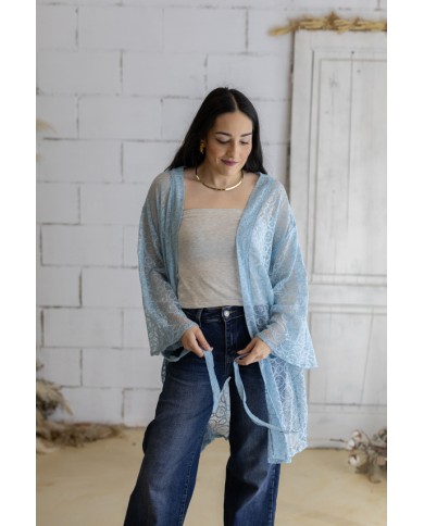 Kimono Boho Azul Algodón Calado con Cinturón