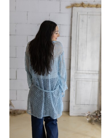 Kimono Boho Azul Algodón Calado con Cinturón