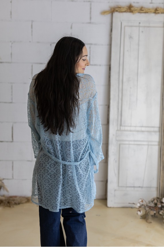 Kimono Boho Azul Algodón Calado con Cinturón