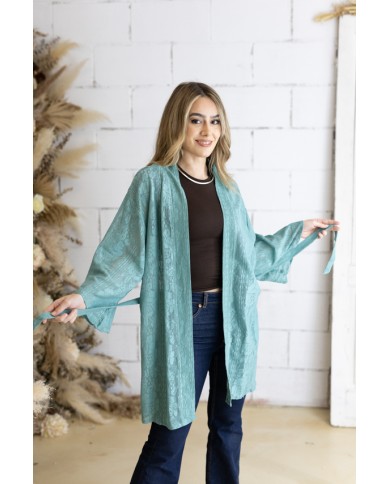 Kimono Boho Verde Algodón Calado con Cinturón