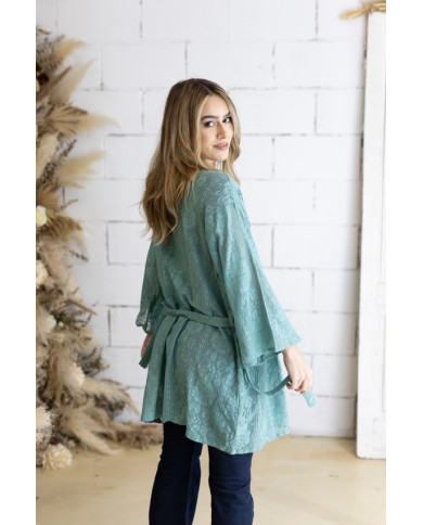 Kimono Boho Verde Algodón Calado con Cinturón