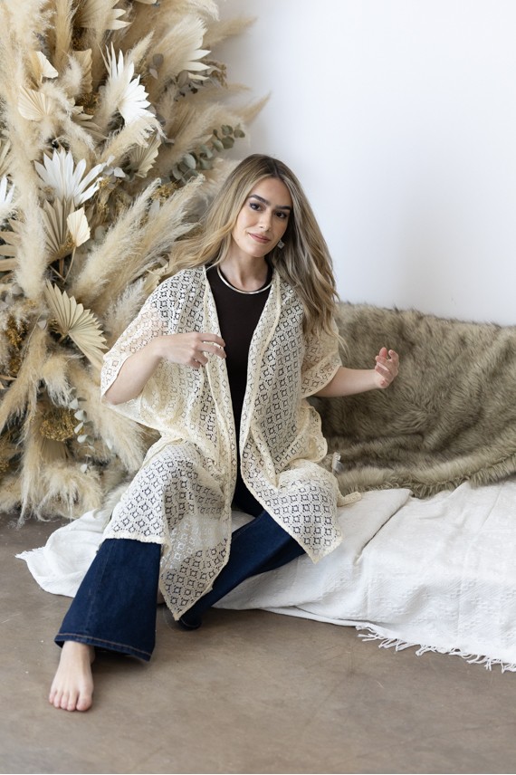 Kimono Boho Nude Algodón Calado Floral