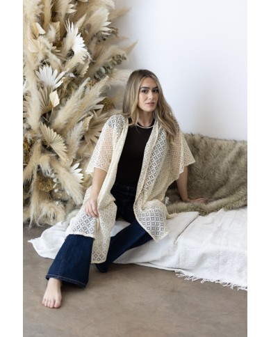 Kimono Boho Nude Algodón Calado Floral