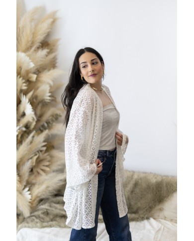 Kimono Boho Blanco Algodón Calado Manga 3/4 con Cinturón