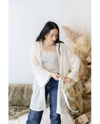 Kimono Boho Blanco Algodón Calado Manga 3/4 con Cinturón