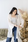 Kimono Boho Blanco Algodón Calado Manga 3/4 con Cinturón