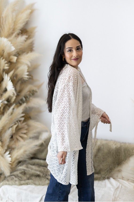 Kimono Boho Blanco Algodón Calado Manga 3/4 con Cinturón