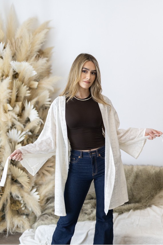 Kimono Boho Blanco Algodón Calado Geométrico Manga 3/4 con Cinturón