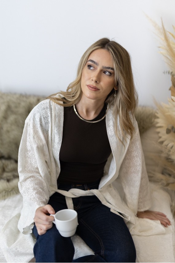 Kimono Boho Blanco Algodón Calado Geométrico Manga 3/4 con Cinturón