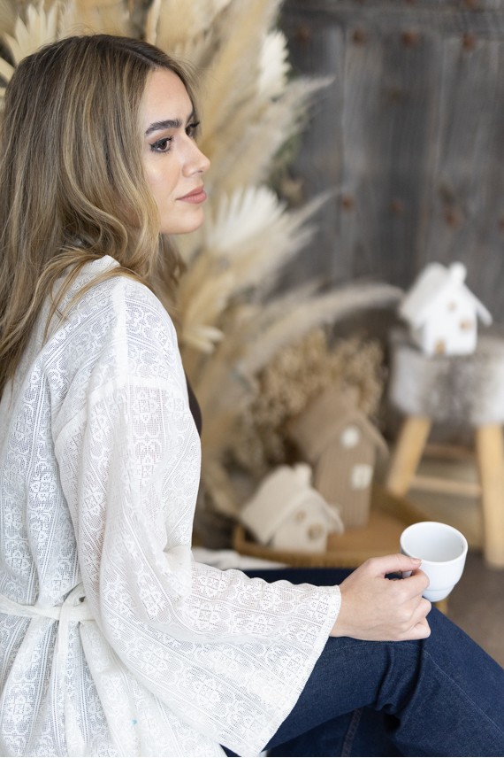 Kimono Boho Blanco Algodón Calado Geométrico Manga 3/4 con Cinturón