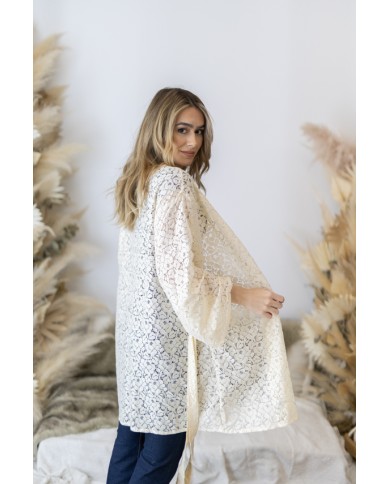 Kimono Boho Nude Algodón Calado Floral Manga 3/4  Cinturón