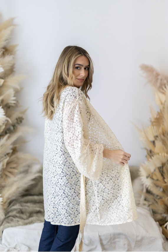 Kimono Boho Nude Algodón Calado Floral Manga 3/4  Cinturón