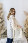 Kimono Boho Blanco Algodón Calado Geométrico Manga 3/4 con Cinturón