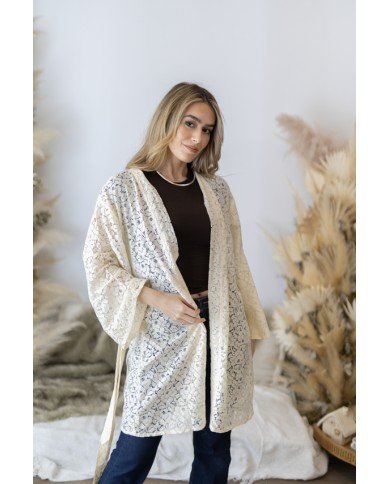 Kimono Boho Nude Algodón Calado Floral Manga 3/4  Cinturón