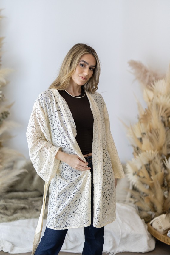 Kimono Boho Nude Algodón Calado Floral Manga 3/4  Cinturón