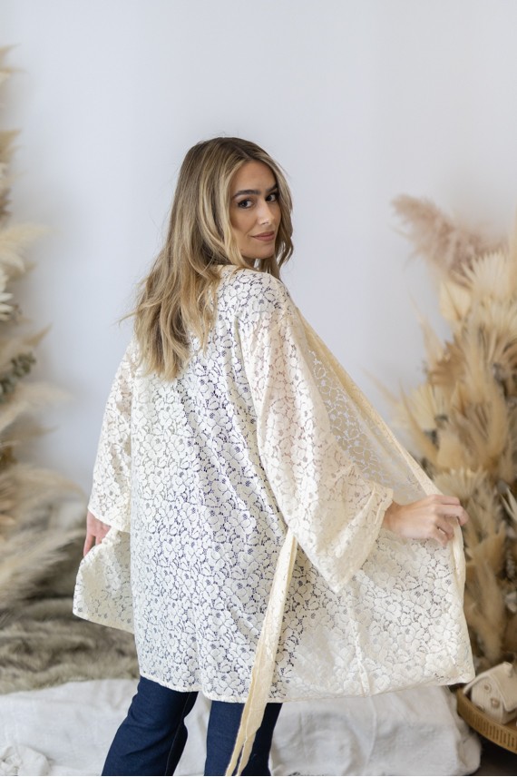 Kimono Boho Nude Algodón Calado Floral Manga 3/4  Cinturón