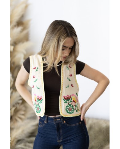 Chaleco Boho Algodón Nude con Flores Multicolor Bordadas