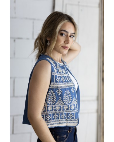 Chaleco Boho Algodón Azul Vaquero con Bordados