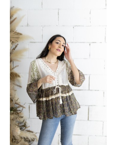 Blusa Boho Estampado Sari India hilo Plateado